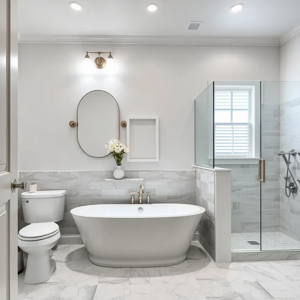 Modern bathroom with large tiles, frameless shower, floating quartz vanity, soaking tub, and stylish decor in Haltom City, TX.