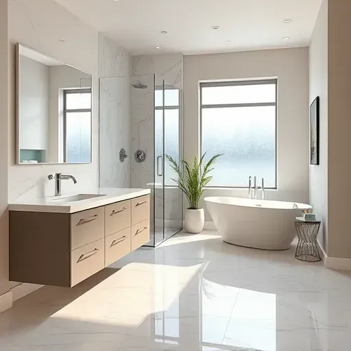 Renovated Frisco Texas bathroom with glass-enclosed shower, double vanity, soaking tub, modern fixtures, and natural light