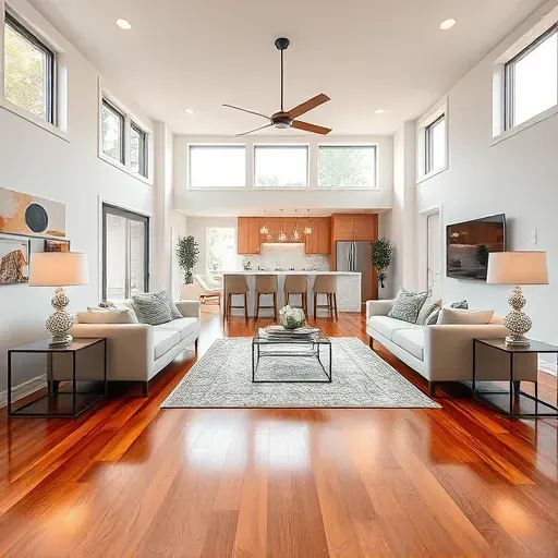 Beautiful renovated living room in Farmers Branch TX with modern furniture, hardwood floors, fireplace, and open kitchen.