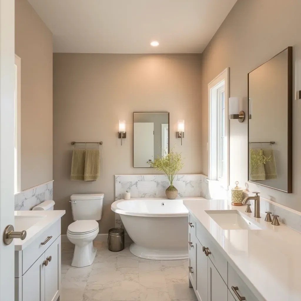 Modern bathroom in Hurst, TX with a freestanding tub, walk-in shower, double vanity, marble countertop, and stylish decor.