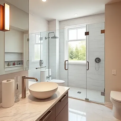 Remodeled Prosper TX bathroom with walk-in shower, marble countertop, vessel sink, and natural light highlighting modern fixtures