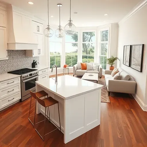 Modern kitchen remodel in Plano TX with stainless steel appliances, granite island, natural light, and hardwood floors.