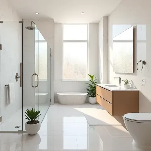 Newly renovated luxury bathroom in Lewisville TX featuring modern fixtures, marble tiles, and ambient lighting.