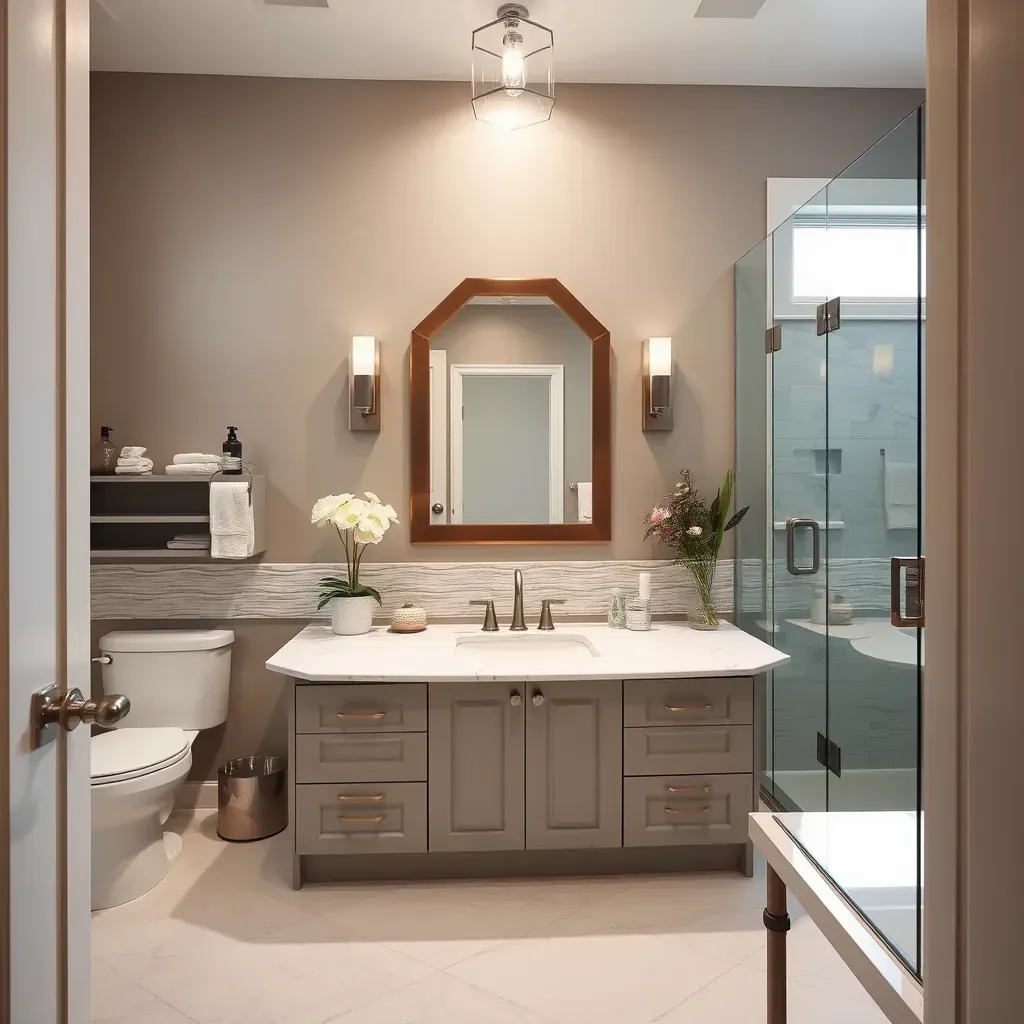 Modern Richardson, TX bathroom with quartz countertops, walk-in shower, freestanding tub, black hardware, and natural decor.