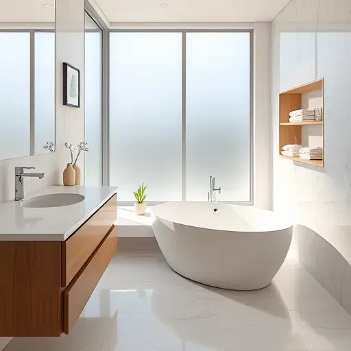 Remodeled modern bathroom in Watauga TX with marble countertops, freestanding tub, frosted windows, and sleek design