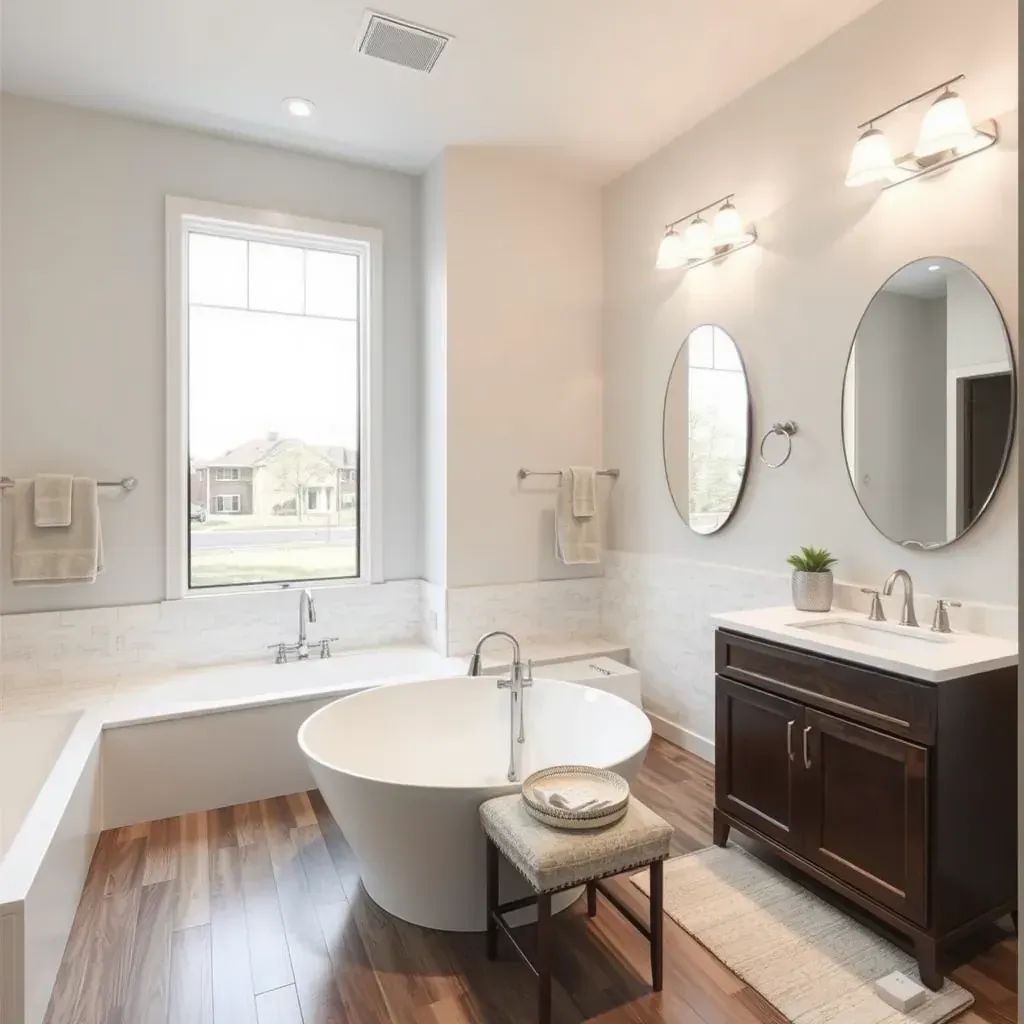 Modern bathroom remodeling in Grapevine, TX featuring a glass shower, soaking tub, marble vanities, and natural light.