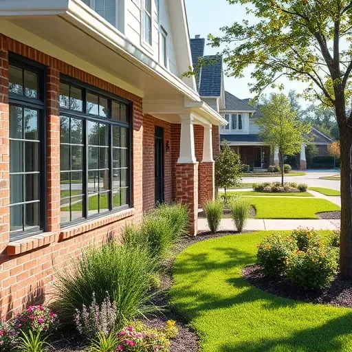 Close-up of freshly painted trim and fascia on a modern Arlington Texas home with brick accents, large windows, lush landscaped yard, and soft daylight shadows
