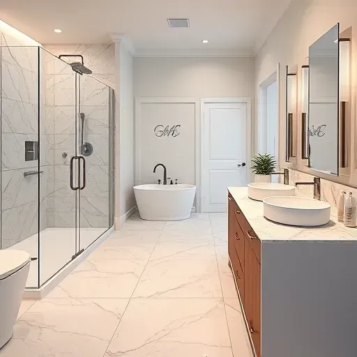 Recently remodeled Roanoke, TX bathroom with walk-in shower, soaking tub, double vanity, marble floors, and elegant design.