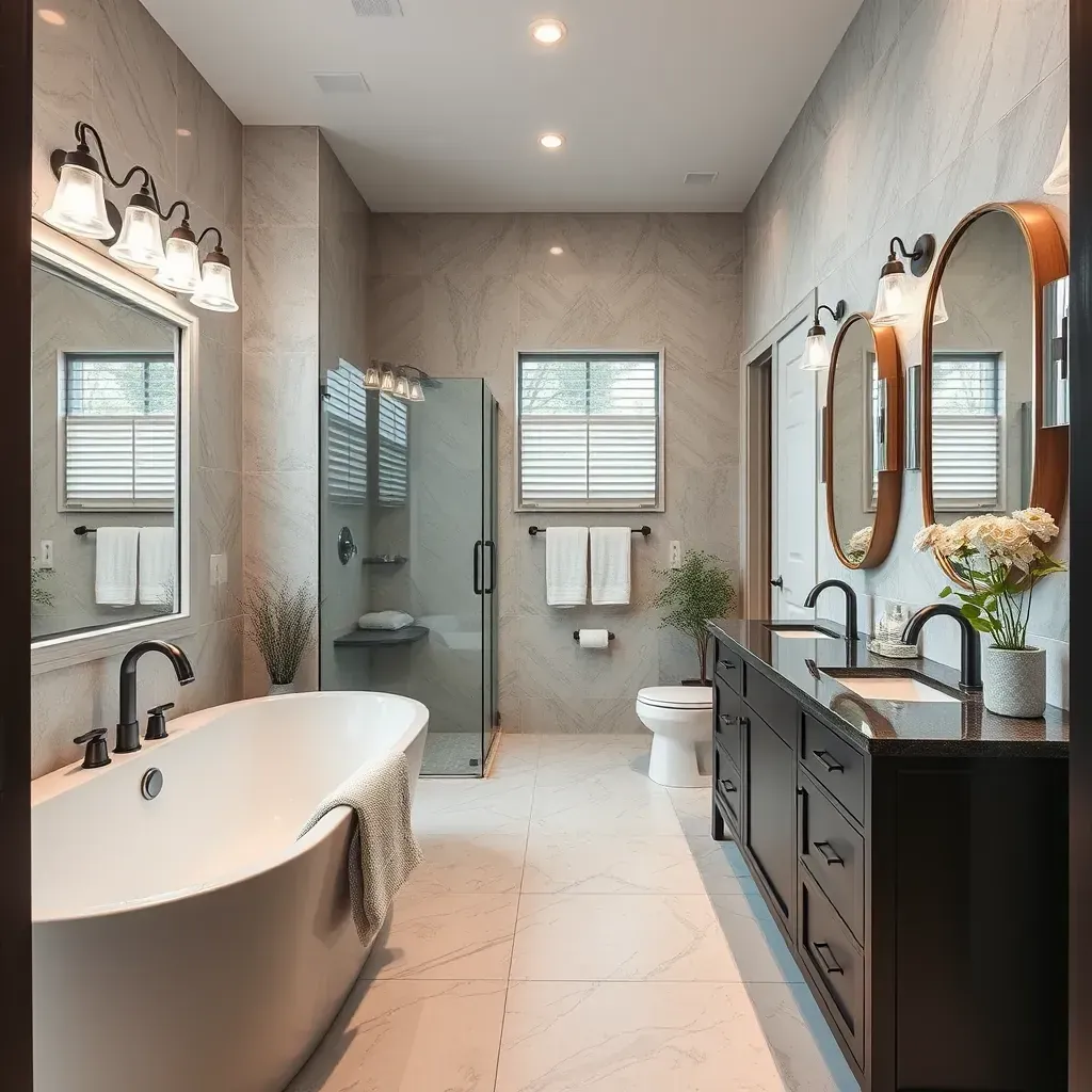 Modern Westlake, TX bathroom with neutral tones, glass shower, freestanding tub, double vanity, and sleek fixtures.