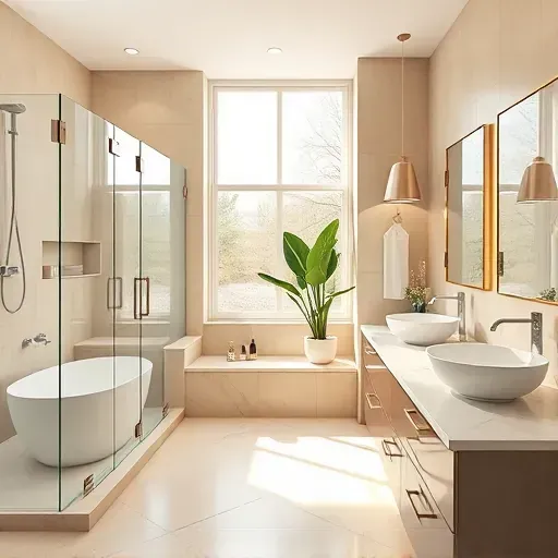 Recently renovated Arlington TX bathroom featuring modern design, glass shower doors, soaking tub, and elegant marble finishes.