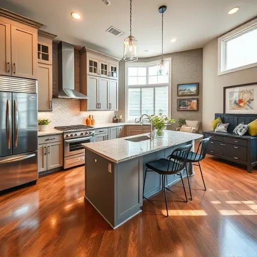 Modern kitchen in Cedar Hill TX with granite island, stainless appliances, and polished hardwood flooring. Bright decor.