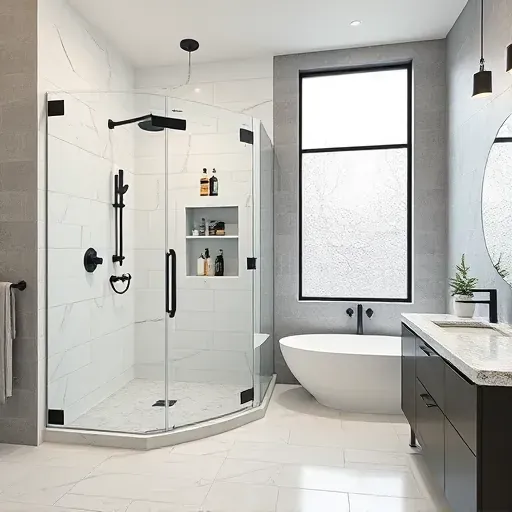 Modern Arlington Texas bathroom featuring a walk-in shower with glass doors, marble tiles, matte black hardware, and stylish fixtures