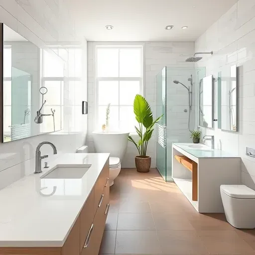 Renovated Roanoke TX bathroom with white marble countertops, chrome fixtures, walk-in glass shower, modern vanity, and warm taupe tiles