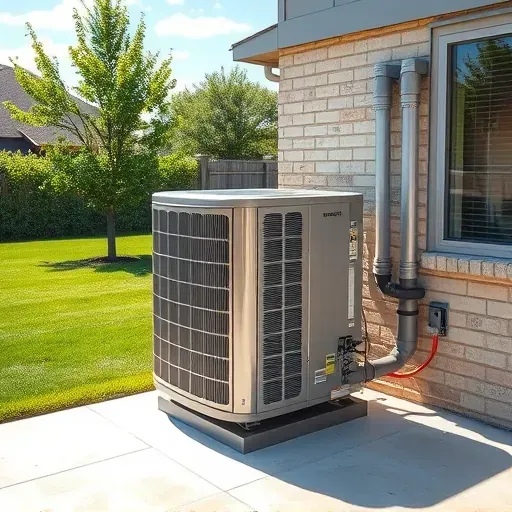 Freshly installed modern outdoor HVAC unit on a concrete pad in a tidy Arlington TX yard with lush greenery and blue sky