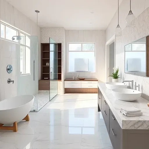 Remodeled Southlake TX bathroom with large glass shower, freestanding tub, marble counters, contemporary sinks, and elegant lighting