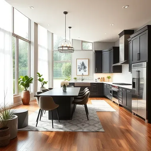 Bright modern living room in Haslet, TX with open-concept kitchen, stylish décor, and energy-efficient windows.