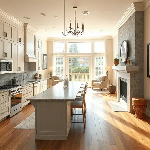 Modern Burleson TX kitchen remodel features custom cabinetry, granite countertops, and spacious living area with elegant decor.