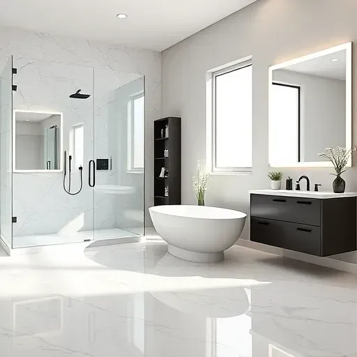 Remodeled bathroom in The Colony, TX with modern design, frameless glass shower, black fixtures, marble counters, and bright lighting.