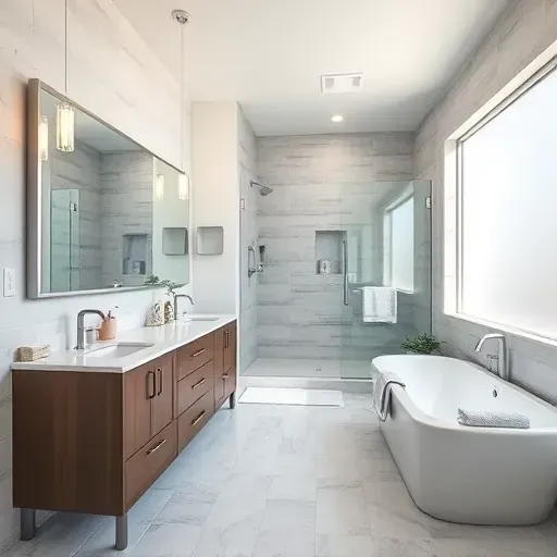 Bright renovated bathroom in Euless TX with modern fixtures, walk-in glass shower, soaking bathtub, and elegant lighting.
