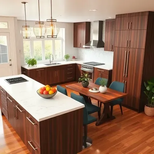 Renovated Mansfield TX kitchen showcasing walnut cabinetry, marble countertops, stainless steel appliances, and elegant decor.