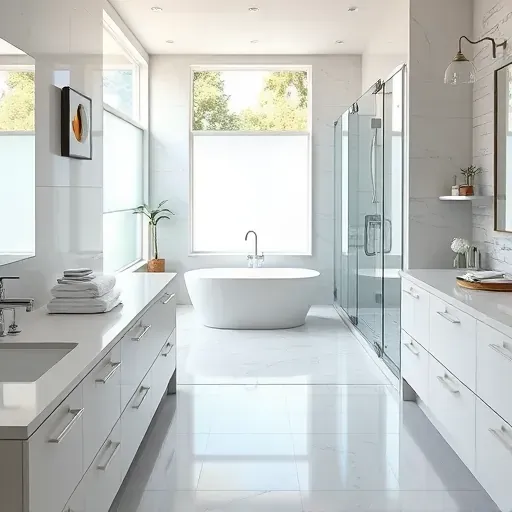Remodeled Duncanville, TX bathroom with white marble counters, soaking tub, walk-in shower, and modern design elements.
