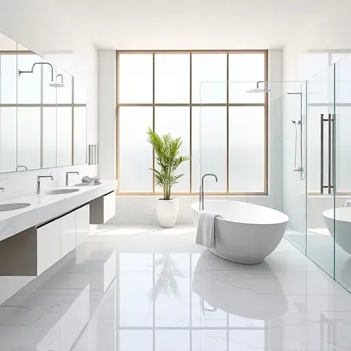 Remodeled modern bathroom in Hurst Texas with marble floors, floating vanities, glass shower, freestanding tub, and natural light