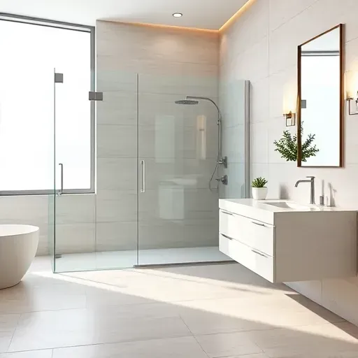 Renovated Denton TX bathroom with modern fixtures, glass shower, soaking tub, porcelain tiles, marble vanity, and natural light