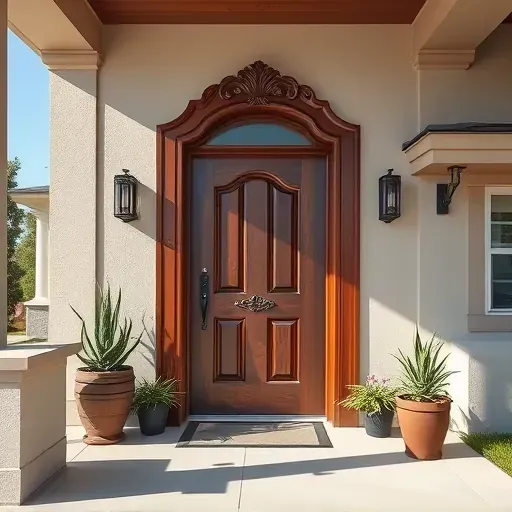 Flawlessly installed polished wood front door with detailed carvings, modern hardware, and a clean Arlington TX porch scene