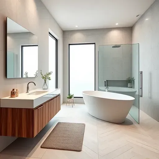Modern Hurst, TX bathroom with freestanding tub, quartz vanity, glass shower, and sleek, neutral-toned tiles.