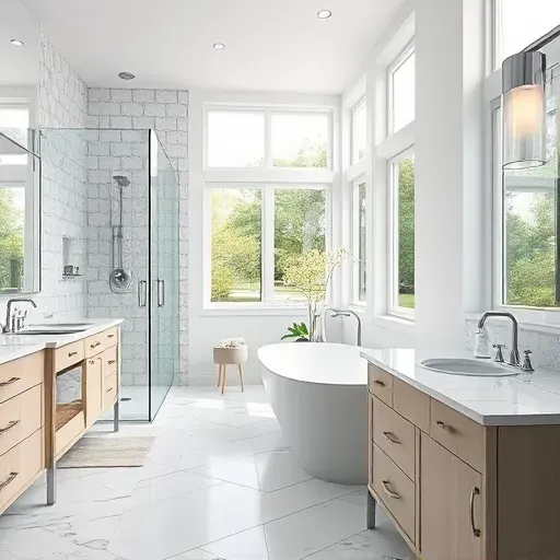 Remodeled Carrollton bathroom with modern fixtures, a glass shower, freestanding tub, marble vanity, and natural light.