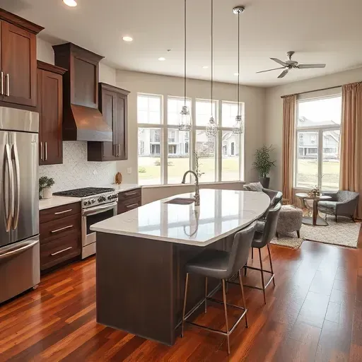 Remodeled Bedford, TX modern kitchen with sleek appliances, custom cabinets, marble island, hardwood floors, and natural light.