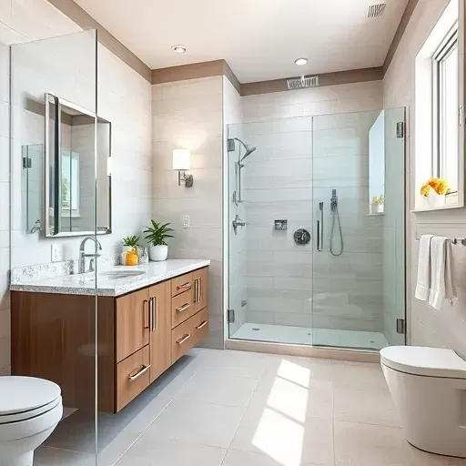 Freshly remodeled Arlington bathroom with modern fixtures, spacious walk-in shower, double vanity, and neutral tile flooring.