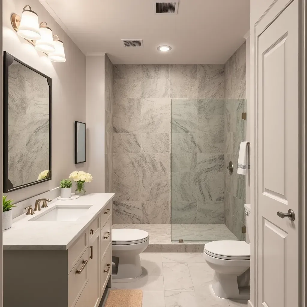Modern bathroom in Plano, TX with large tiled walls, walk-in shower, quartz vanity, LED mirror, and sleek fixtures.
