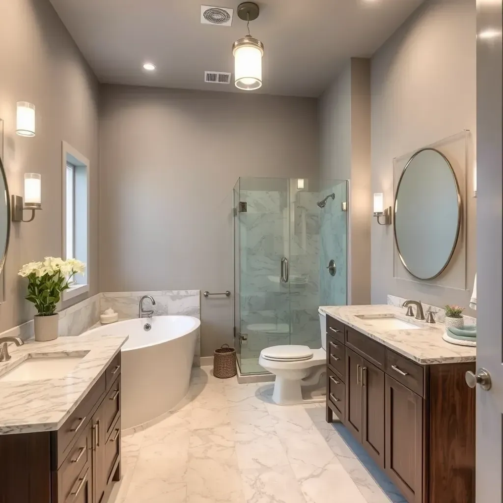 Detailed modern bathroom with elegant fixtures, sleek tiles, and spacious layout in Prosper, TX.