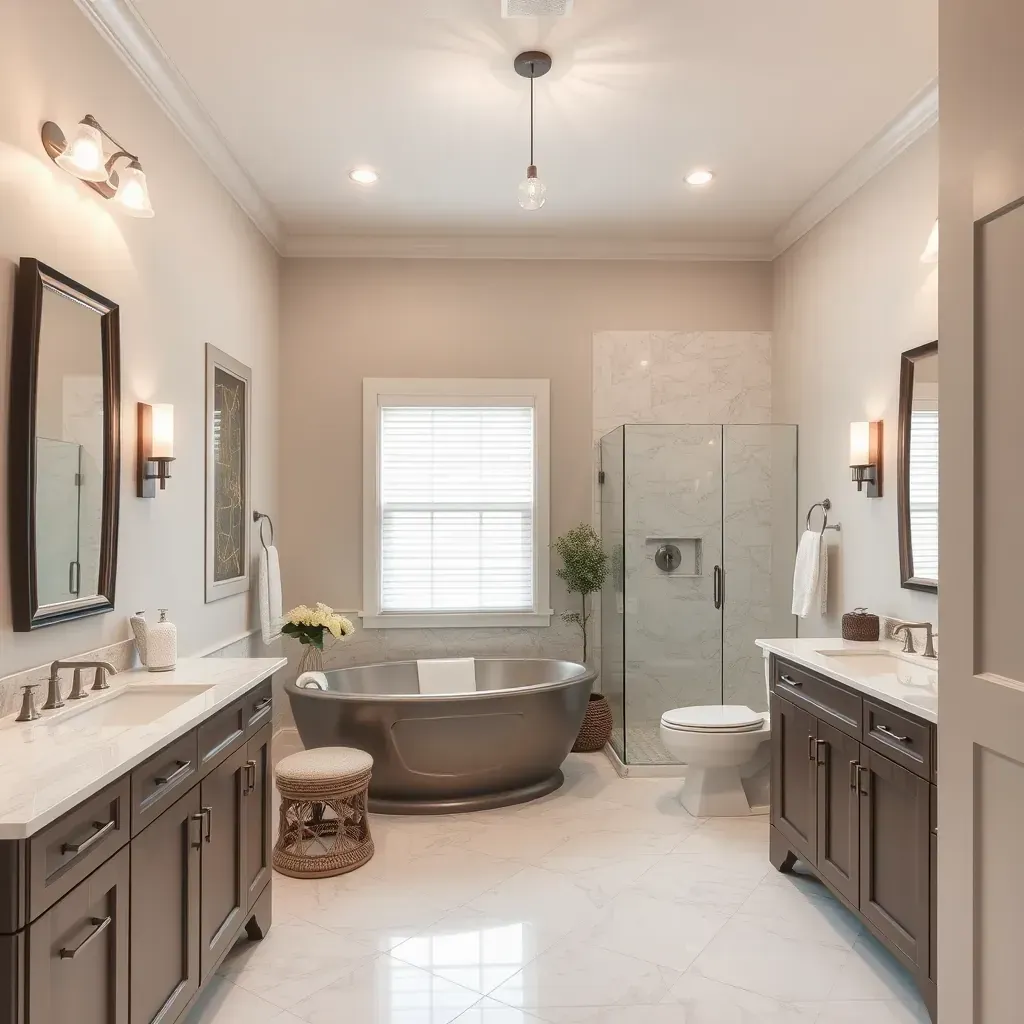 Modern Bedford bathroom with glass shower, marble vanity, freestanding tub, natural light, and stylish finishes.