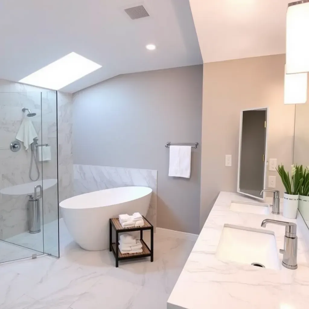 Modern Euless bathroom with glass shower, marble vanity, freestanding tub, and natural light.