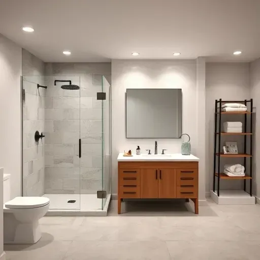 Renovated Arlington TX basement bathroom with modern fixtures, frameless glass shower, neutral tile, double vanity, polished concrete