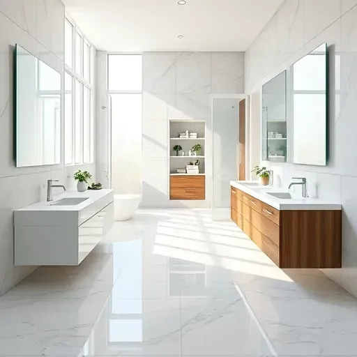 Beautiful renovated bathroom in Richardson, TX with marble flooring, floating vanities, glass shower, and natural light.