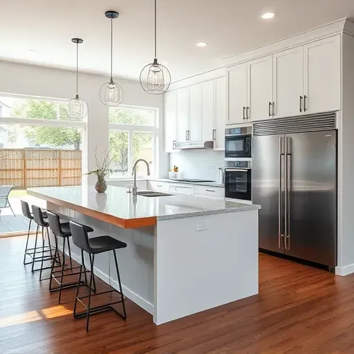 Modern renovated Arlington kitchen with black hardware quartz countertops stainless steel appliances wooden bar island sunlight bright open layout
