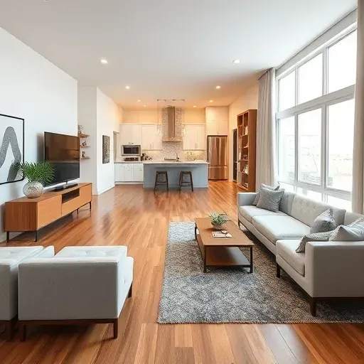 Renovated home interior in Haltom City, TX, showcasing a bright living room with modern furniture, hardwood floors, and a stylish, upgraded kitchen.