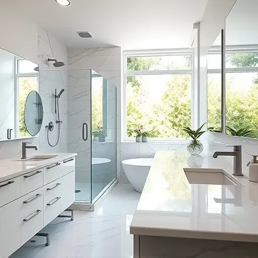 Beautiful renovated Southlake TX bathroom with marble countertops glass shower brushed nickel fixtures and lush outdoor view