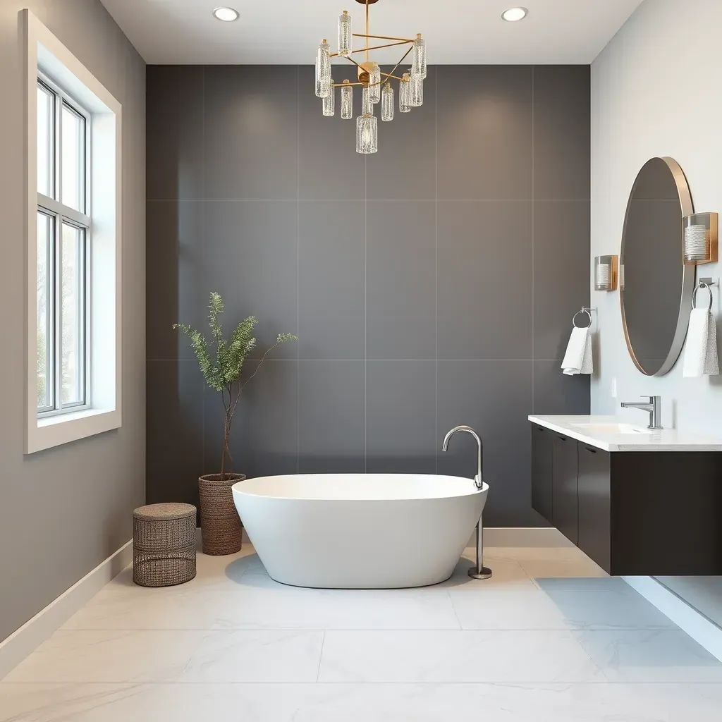 Modern Dallas bathroom with walk-in shower, soaking tub, custom walnut vanity, gold accents, and skyline view.