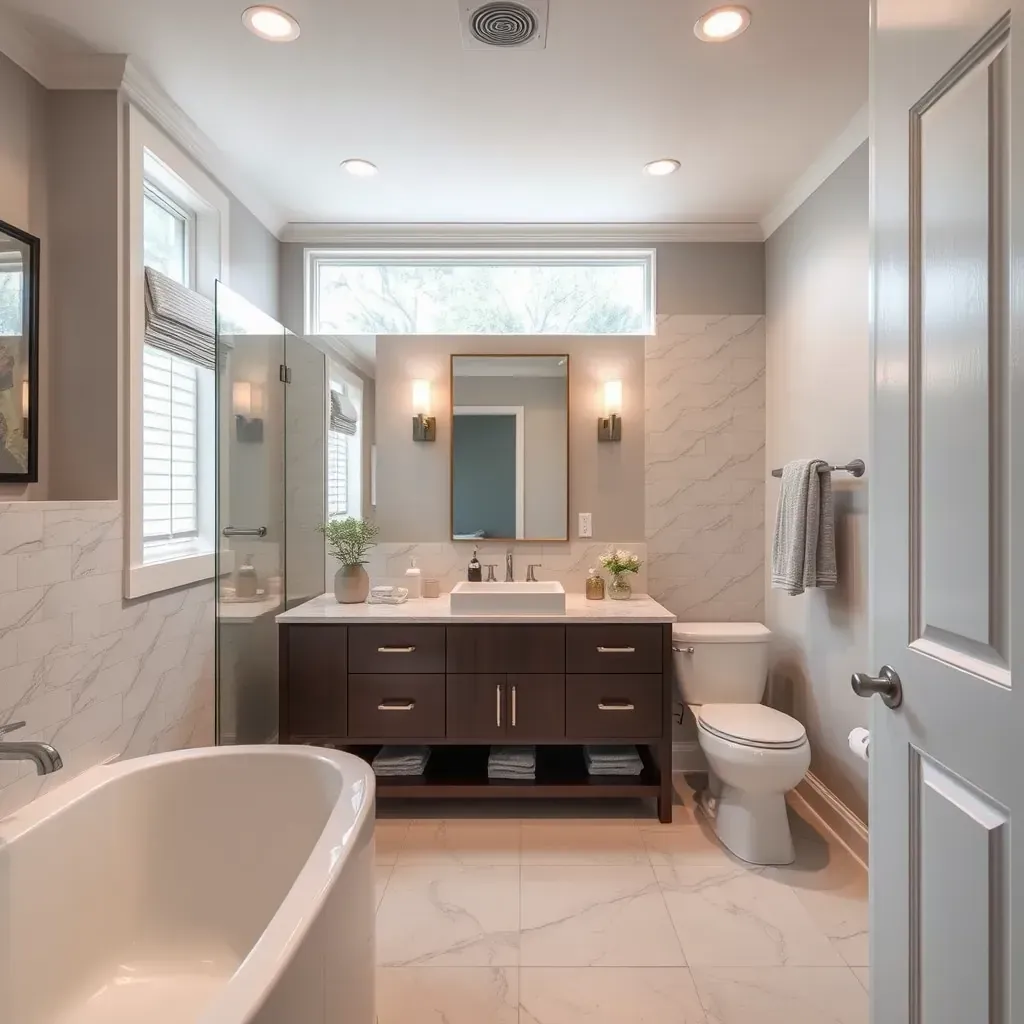 Modern Dallas bathroom with quartz countertops, a freestanding tub, walk-in glass shower, Dallas skyline views, and warm neutral tones.