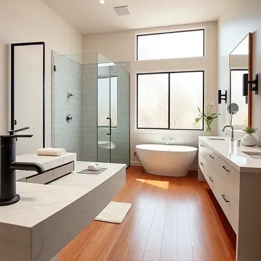 Beautiful remodeled Trophy Club TX bathroom with matte black fixtures, walk-in glass shower, soaking tub, marble countertops, hardwood floors, and modern decor