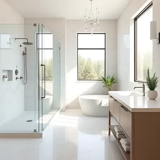 Recently renovated modern bathroom in Prosper TX with walk-in shower, marble tiles, soaking tub, quartz vanity, and lush plants