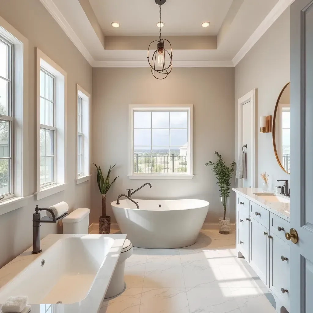 Detailed modern bathroom with sleek fixtures, large mirror, tiled walls, and natural lighting in Westlake, TX.