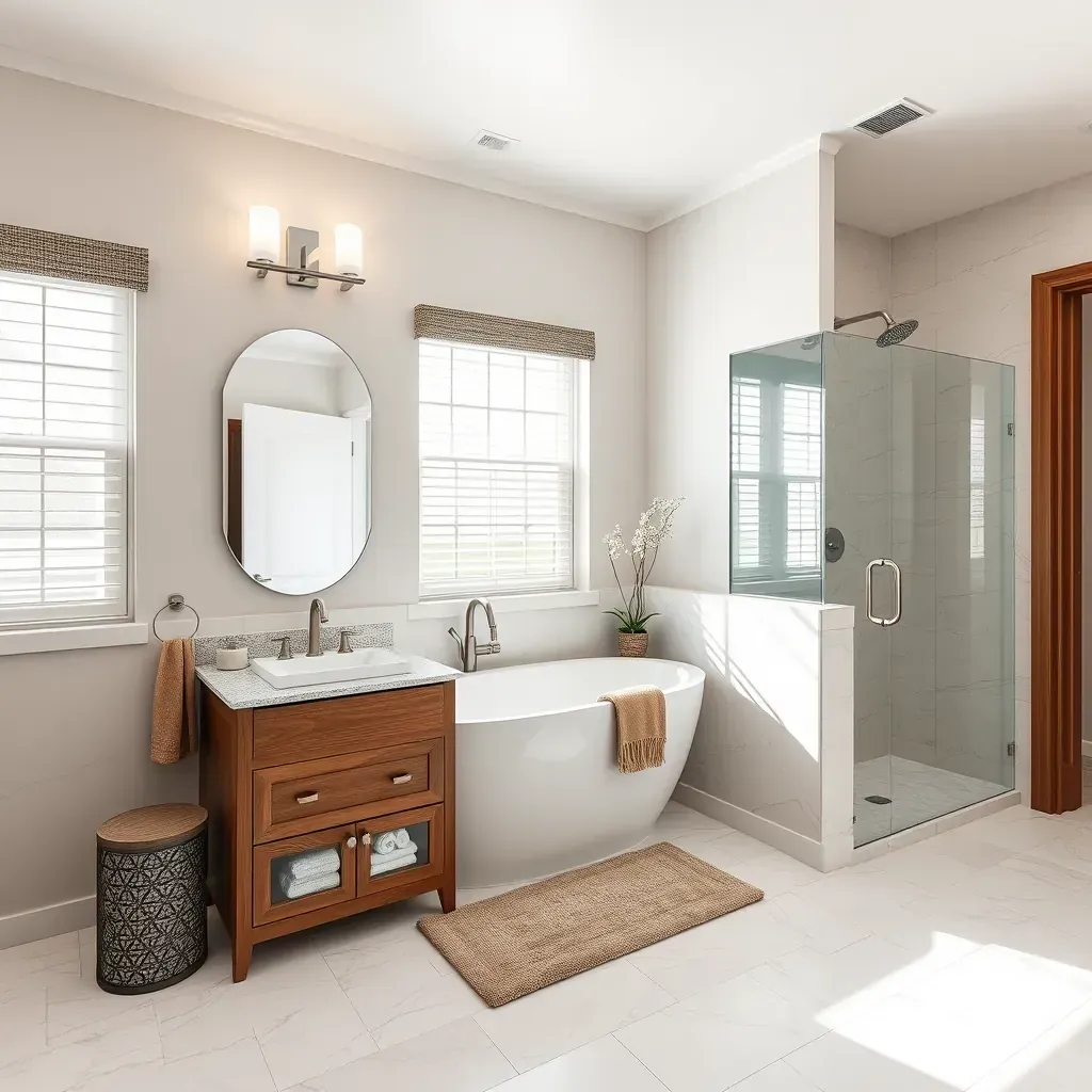 Bathroom remodeling scene in Duncanville, TX showing modern fixtures, elegant tile, and stylish decor.