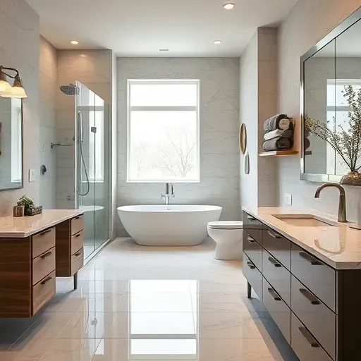 Remodeled Carrollton, TX bathroom with modern fixtures, walk-in shower, freestanding tub, marble counters, and natural light.