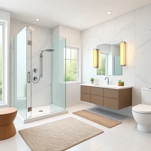 Remodeled bathroom in Trophy Club TX with modern fixtures, spacious shower, elegant marble, and natural light.