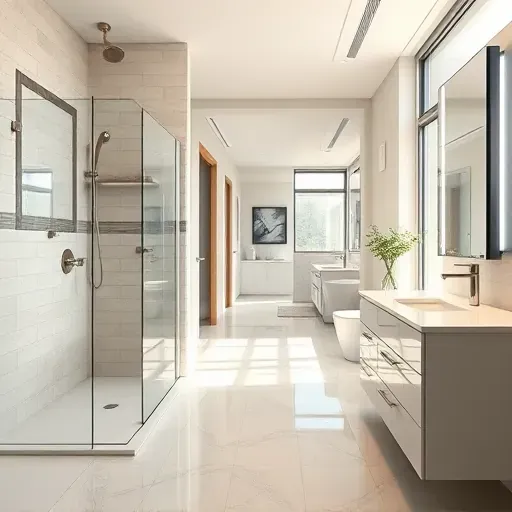 Renovated Irving Texas bathroom with modern fixtures, walk-in shower, freestanding tub, LED-lit mirror, and elegant design